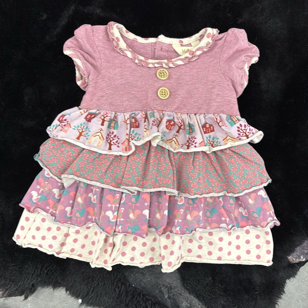 Matilda Jane Pink Purple Ruffled Dress Houses Bows Chickens Polka Dots 12-18M - Picture 9 of 16